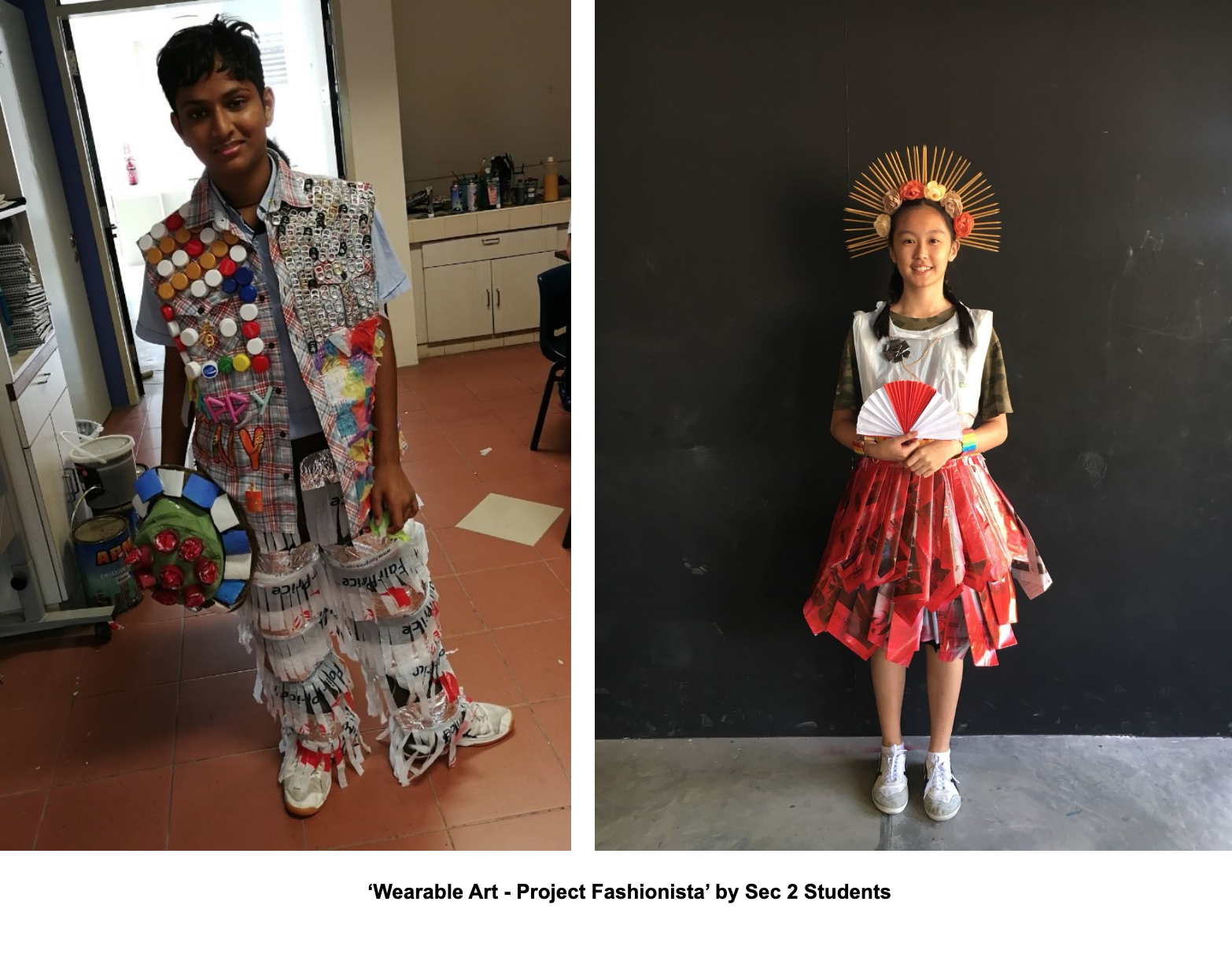 Two students wear wearable art outfits made from recycled materials including bottle caps, paper, and red plastic sheets.
